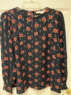 NWT LOFT Black Floral Long-Sleeve Blouse - Pink & Coral Flowers w/Gold Accents